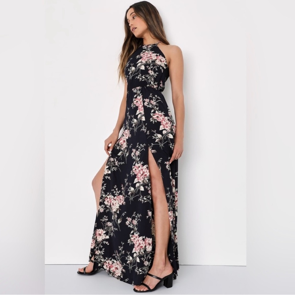 NWT Lulus Feel the Music Midnight Blue Floral Print Maxi Dress